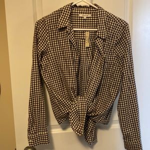 Madewell Brown and cream checkered button down, tie on bottom.